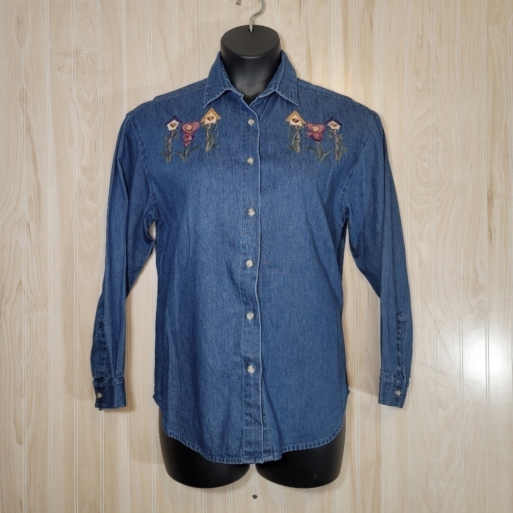 Maggie & Max Vintage Denim Button-Down Top with Embroidery Sz Med